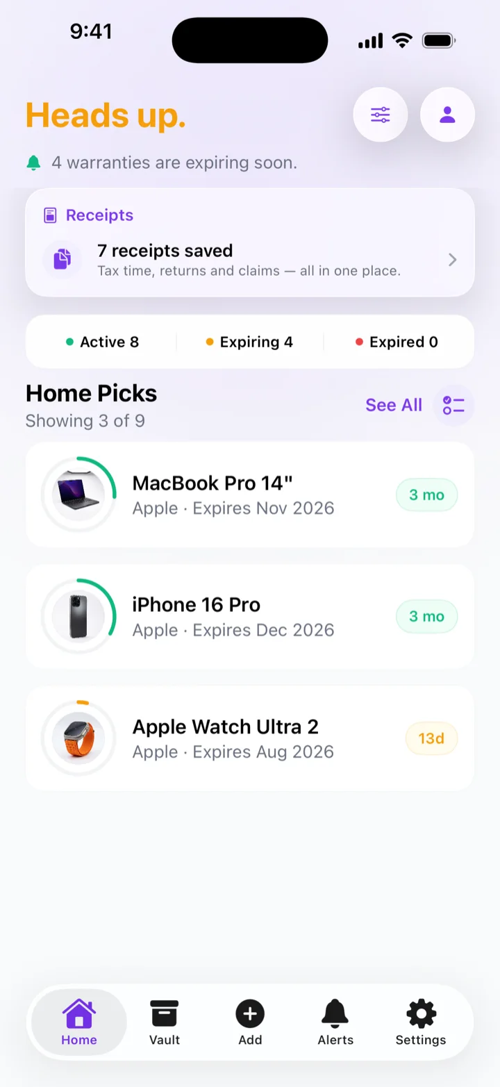 Prooft’s home screen: four warranties expiring soon, seven receipts saved, and a MacBook Pro, iPhone 16 Pro and Apple Watch Ultra 2 with their expiry dates.