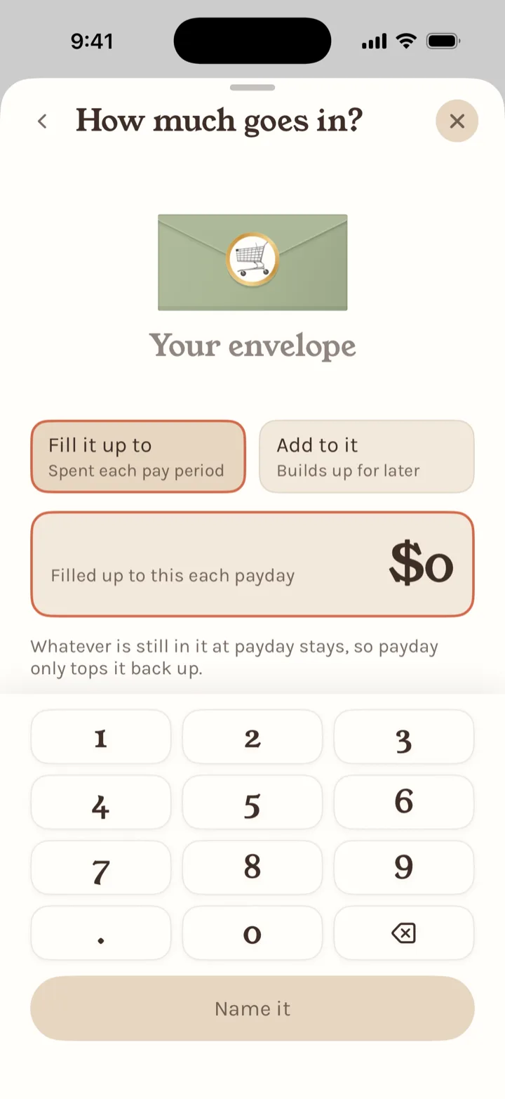 Stuffed's How much goes in screen with two options: Fill it up to, spent each pay period, and Add to it, builds up for later