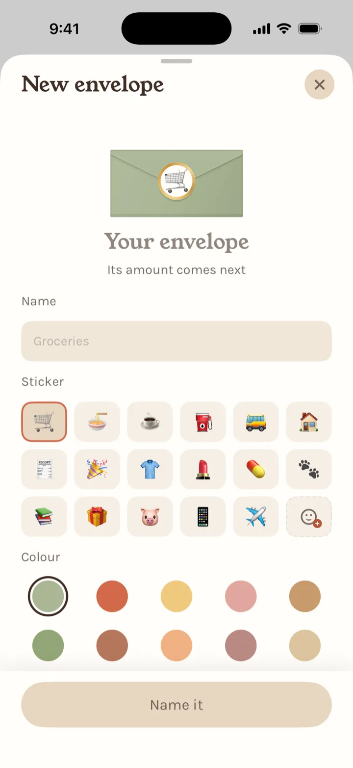 Stuffed's New envelope screen: a name, a sticker and a colour for the envelope
