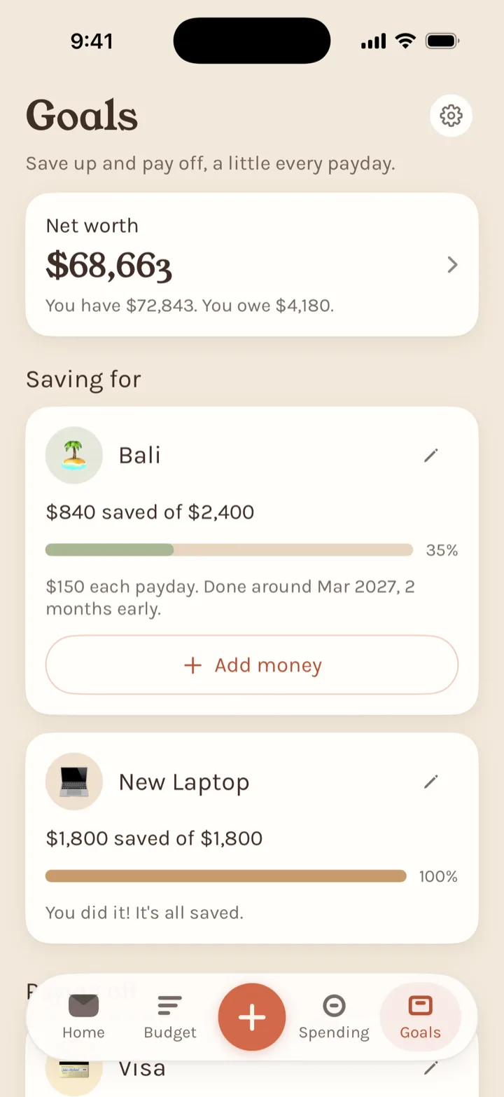Stuffed's Goals screen: Bali with $840 saved of $2,400, $150 each payday, done around March 2027, and New Laptop fully saved