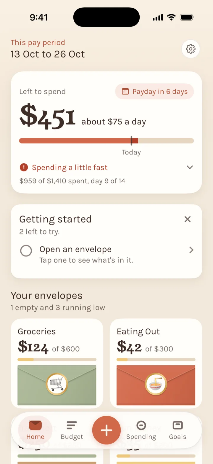 Stuffed home screen: $451 left to spend this pay period, about $75 a day, with Groceries at $124 of $600 and Eating Out at $42 of $300