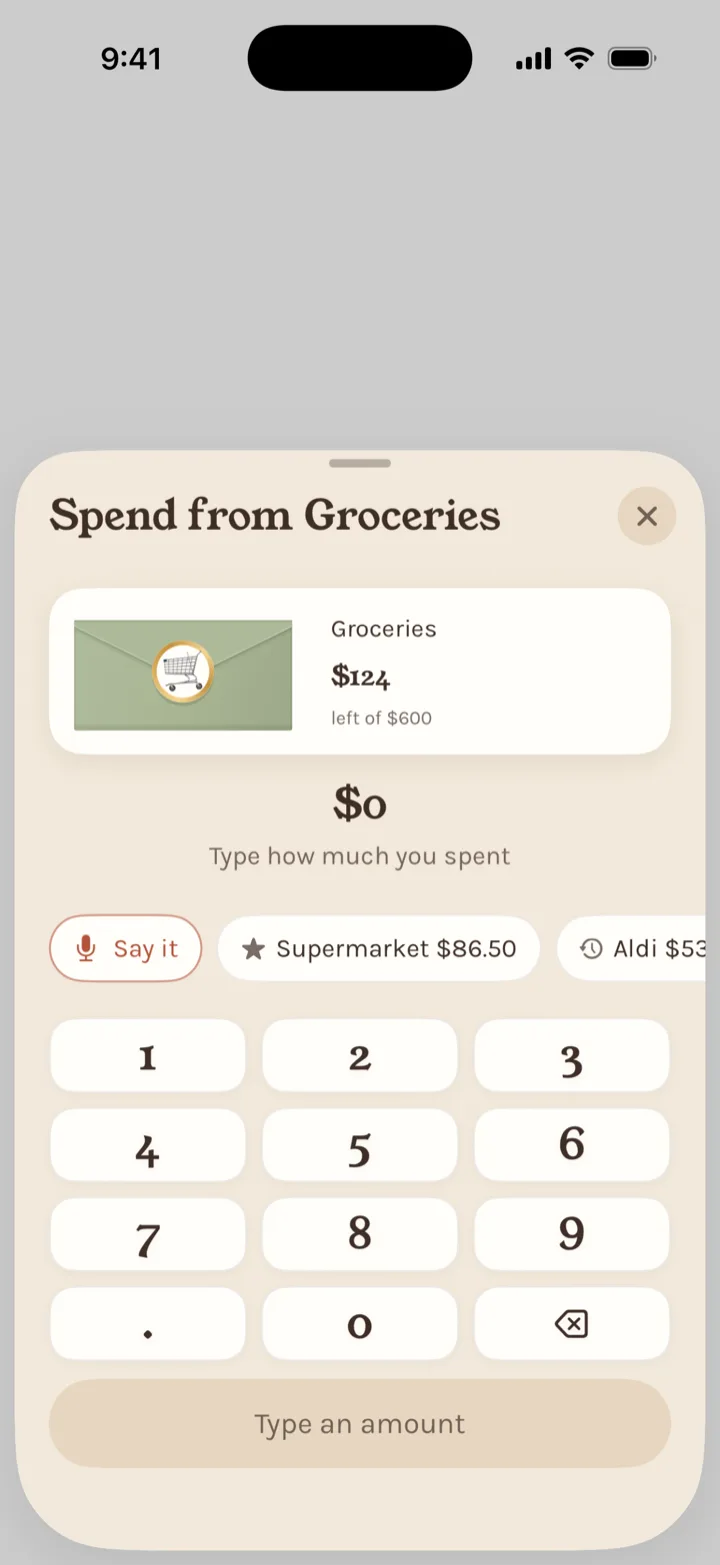 Spend from Groceries: $124 left of $600, a keypad, Say it, and recent spends such as Supermarket $86.50