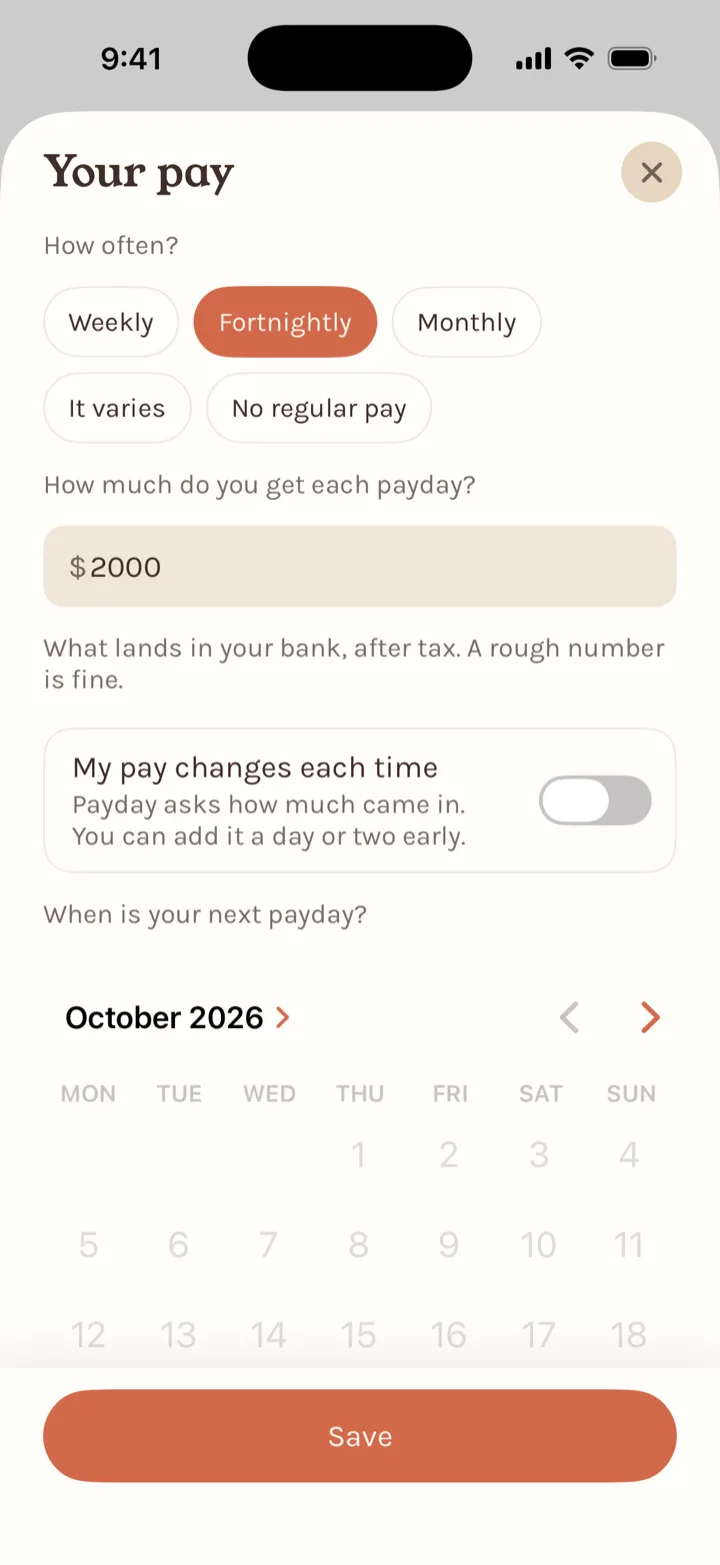 Stuffed's Your pay screen with Fortnightly selected, $2,000 each payday, and a calendar to choose the next payday