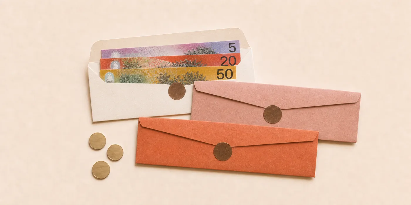 Three paper envelopes on a warm cream surface — one open with five, twenty and fifty dollar notes standing in it, two sealed with wax discs
