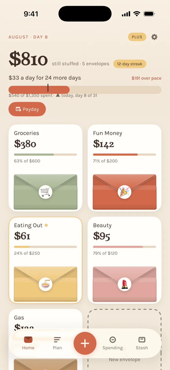 The Stuffed home screen: $810 still stuffed across five envelopes, with a pace line and a Payday button above the envelope cards