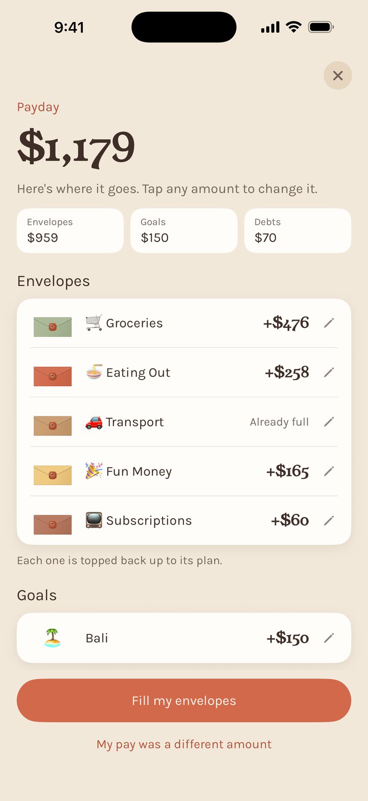 Payday: $1,179 shared across envelopes, goals and debts, with a Fill my envelopes button